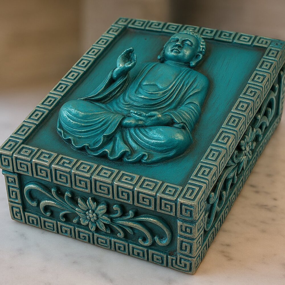 Small Blue Buddha Jewelry Box with Gold Accents: Handmade Storage Box